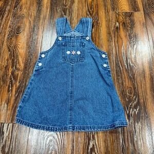 Vintage Girls Size 3T Blue Denim Overall Dress Floral Embroidered Jumper Top